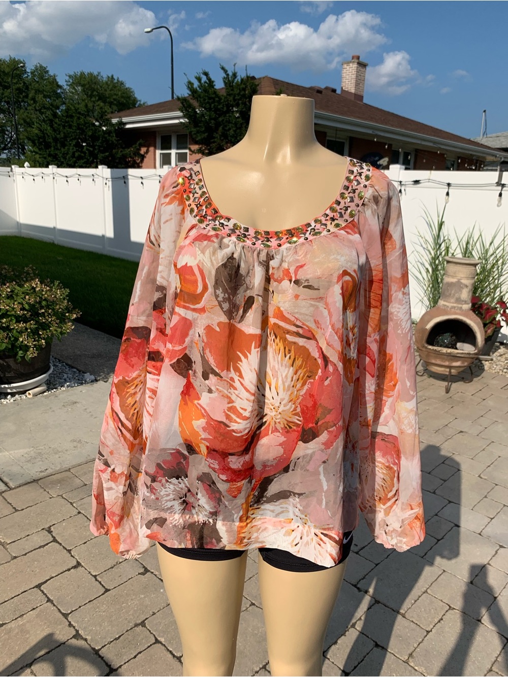 Jennifer Lopez Women's Floral Blouse - Pink & Orange Peony Print XL